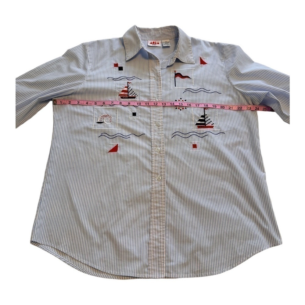 Alia Sport Nautical Boats & Stripes Vintage Button Down Blouse - Size Medium - Picture 6 of 9